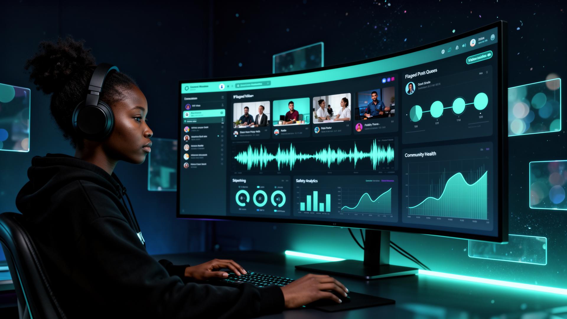 MOD Squad content moderator at a futuristic workstation reviewing flagged content